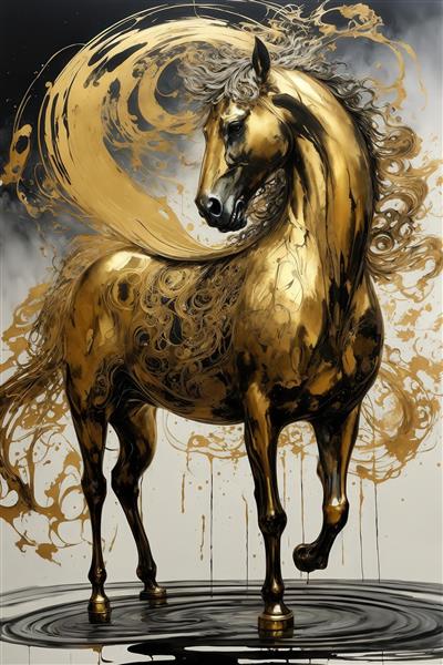 طرح اسب طلایی و سیاه با یال بلند و پاشش رنگ برای پوستر لوکس