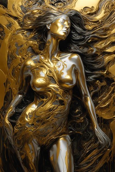 عکس زن طلایی لوکس با موهای تیره و بافت مایع برای تابلو مدرن