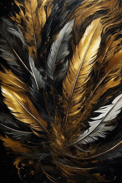 تصویر پرهای طلایی، سفید و تیره با بافت برجسته برای تابلو دکوراتیو