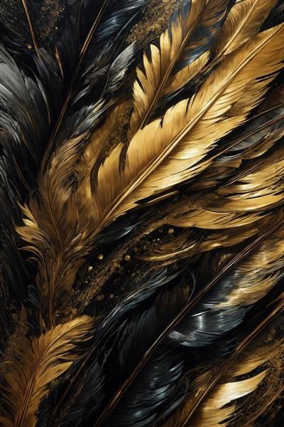 طرح پرهای طلایی و خاکستری با جلوه سه‌بعدی و بافت مایع برای چاپ