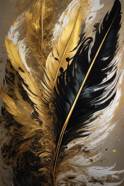 تصویر پرهای طلایی، سیاه و سفید با پس‌زمینه بژ برای تابلو دکوراتیو