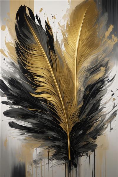 عکس دو پر طلایی باکیفیت بالا و پاشش جوهر مشکی روی زمینه روشن