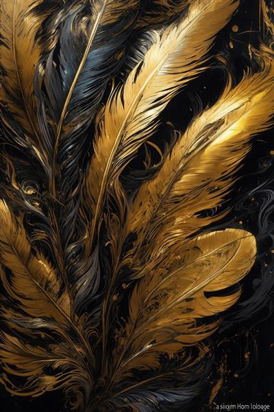 عکس پرهای طلایی و تیره با بافت مایع براق برای تابلو دکوراتیو