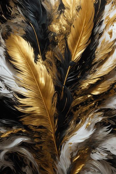 تصویر پرهای طلایی، سیاه و سفید با بافت آبستره برای چاپ روتختی