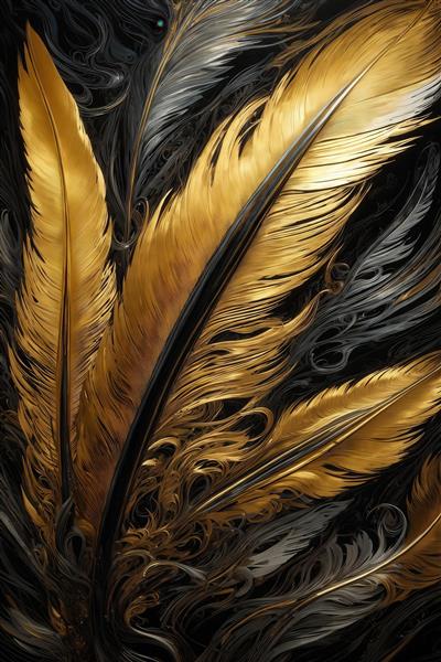 عکس پرهای طلایی و خاکستری درخشان با پس زمینه تیره برای دکور