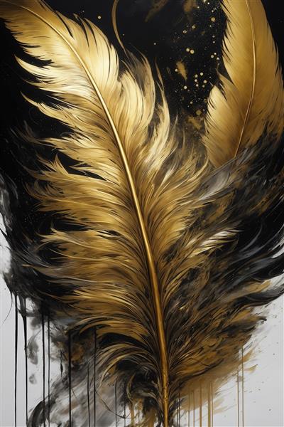 تصویر پرهای طلایی ریز و درشت روی پس زمینه تیره و چرخشی لوکس
