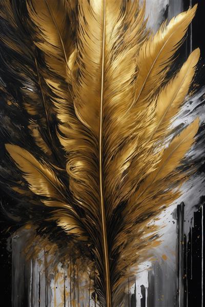 طرح پر طلایی بزرگ با خطوط آبستره و قطره‌های رنگ تیره برای تابلو