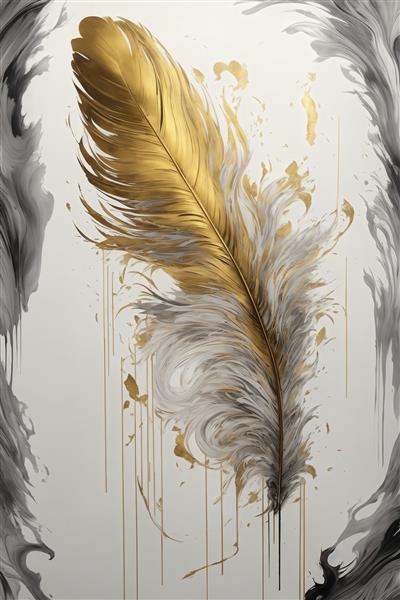 تصویر پر طلایی با پاشش‌های رنگ و پرهای سفید روی زمینه روشن برای دکور