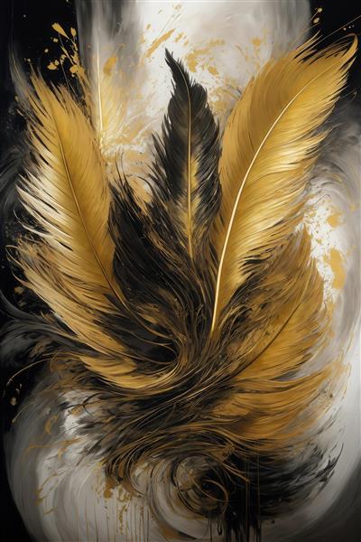 عکس پرهای طلایی، سیاه و سفید با بافت مایع برای چاپ دکوراتیو