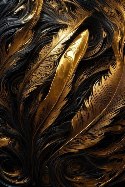 تصویر پرهای طلایی براق و سیاه با خطوط چرخشی برای تابلو دکوراتیو