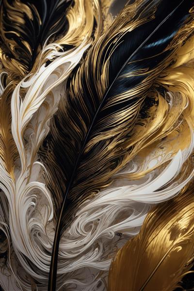 طرح پر مشکی با رگه‌های طلایی و پرهای سفید درهم برای پوستر لوکس