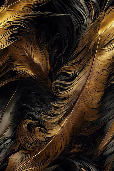 عکس پرهای طلایی، سفید و خاکستری روی زمینه تیره باکیفیت بالا