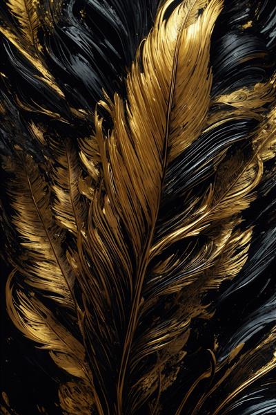 طرح پرهای طلایی و خاکستری تیره با موج‌های مارپیچ برای تابلو لوکس