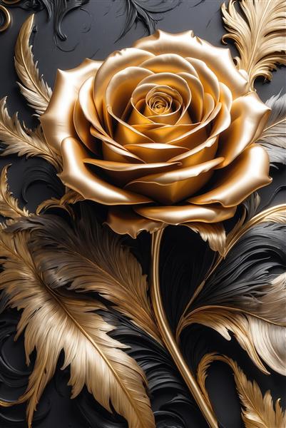 تصویر رز طلایی بزرگ و پرهای سیاه و طلایی در زمینه تیره برای چاپ بوم