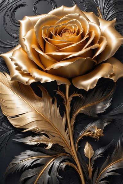 عکس رز طلایی بزرگ با پرهای سیاه و طلایی برای چاپ پوستر دیواری تیره