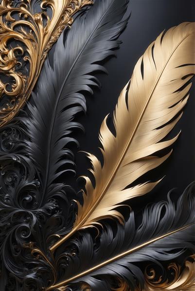 طرح پر طلایی بزرگ با پرهای مشکی و تزیینات لوکس برای تابلو دکوراتیو
