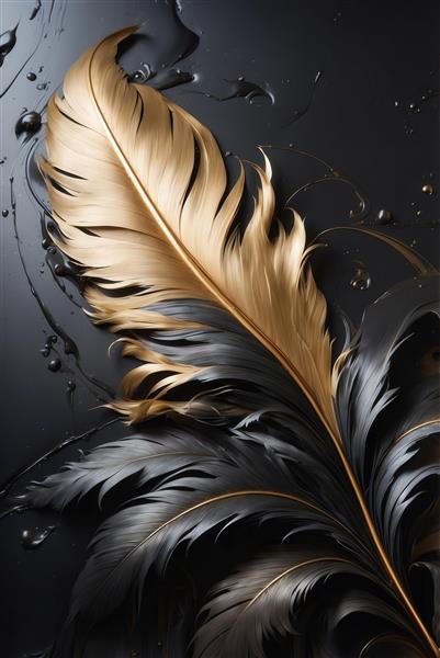 تصویر پر طلایی درشت و پرهای مشکی روی زمینه تیره براق برای چاپ لوکس