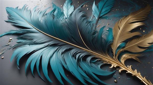 طرح پر فیروزه‌ای بزرگ با پرهای طلایی کوچک برای چاپ روی پارچه روتختی