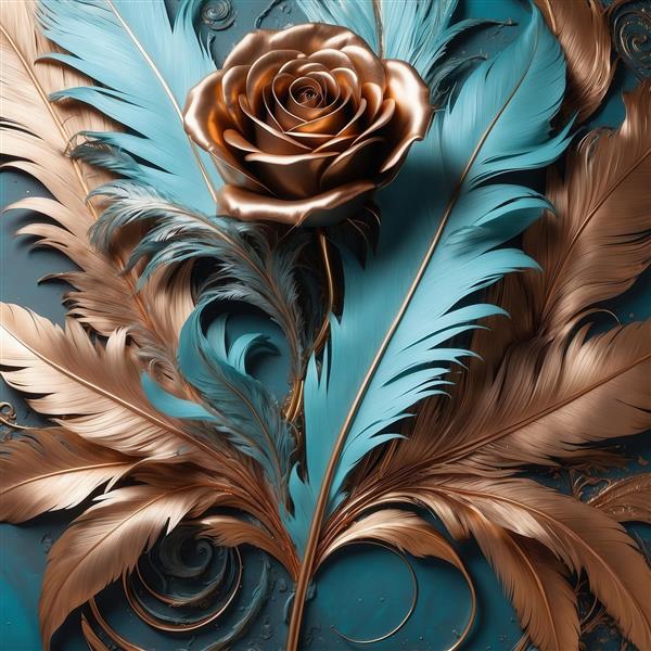 تصویر رز طلایی برجسته و پرهای فیروزه‌ای و مسی در زمینه آبی تیره