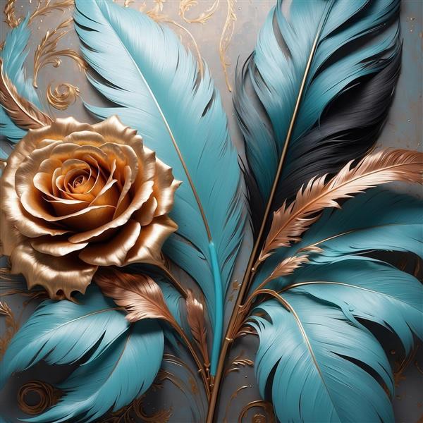 عکس رز طلایی با پرهای آبی و مشکی و طلایی برای تابلو لوکس مربعی