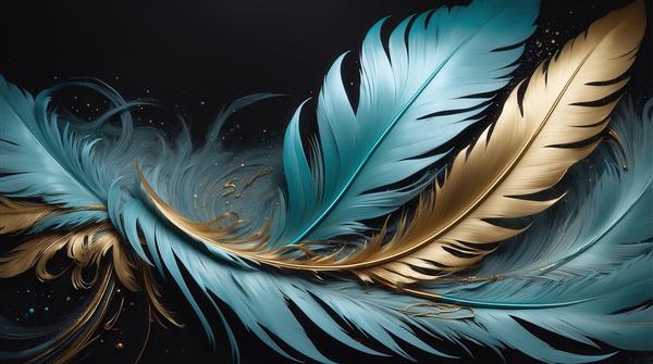 طرح پرهای منحنی طلایی و فیروزه‌ای روی زمینه تیره برای چاپ روی پرده