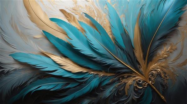 تصویر پرهای طلایی و آبی فیروزه‌ای درخشان در پس‌زمینه روشن و انتزاعی