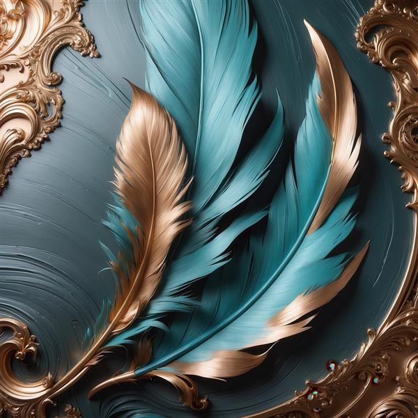 طرح پرهای طلایی و آبی با قاب لوکس طلایی در پس‌زمینه سه‌بعدی برای چاپ