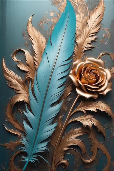 عکس پر بزرگ فیروزه‌ای و رز طلایی در زمینه لوکس برای پوستر دکوراتیو