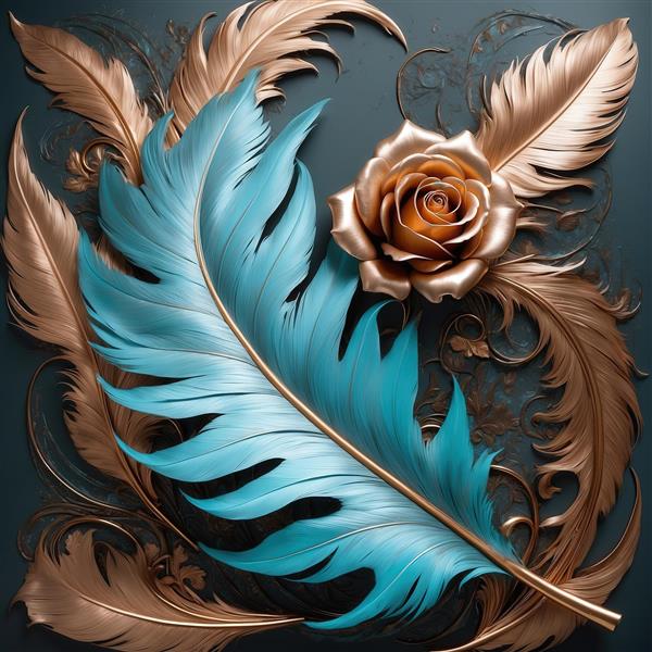 تصویر رز طلایی و پر آبی فیروزه‌ای با تزیینات مسی برای چاپ تابلو مربعی