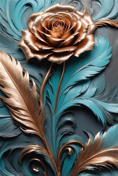 طرح رز طلایی تکی و پرهای بزرگ آبی در پس‌زمینه سه‌بعدی تیره برای چاپ