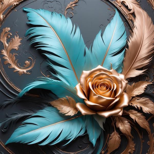 عکس رز طلایی و پرهای آبی و طلایی لوکس در قاب دایره‌ای برای تابلو دکوراتیو