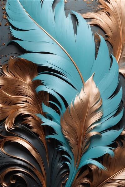 تصویر پرهای طلایی و آبی فیروزه‌ای برجسته در زمینه تیره برای چاپ عریض