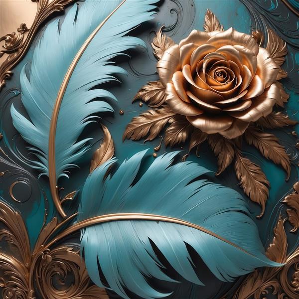 طرح رز طلایی درشت و پرهای فیروزه‌ای بزرگ با قاب طلایی برای چاپ روی کوسن