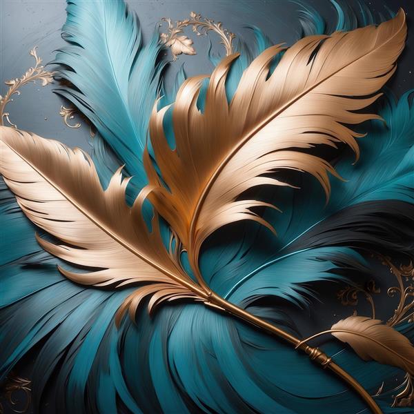 عکس پرهای طلایی بزرگ با پرهای آبی تیره در پس‌زمینه جذاب برای تابلو