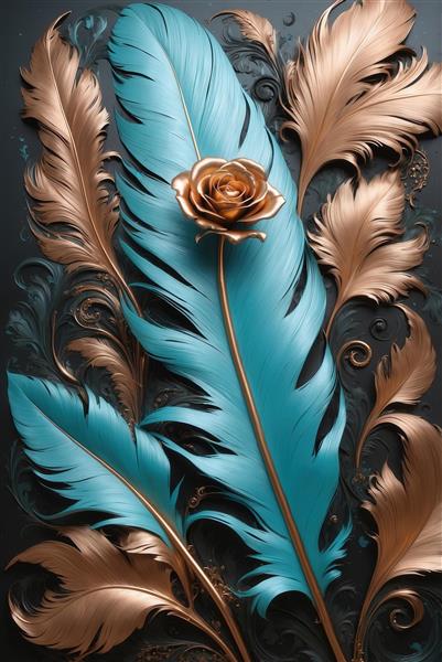 تصویر رز طلایی روی ساقه بلند با پر بزرگ آبی برای چاپ پوستر دیواری عمودی