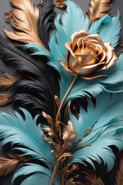 طرح ساقه رز طلایی و پرهای آبی و مشکی جذاب برای چاپ روی محصولات دکوراتیو