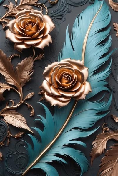 عکس دو گل رز طلایی و پر آبی فیروزه‌ای تک‌رنگ در پس‌زمینه سه‌بعدی تیره