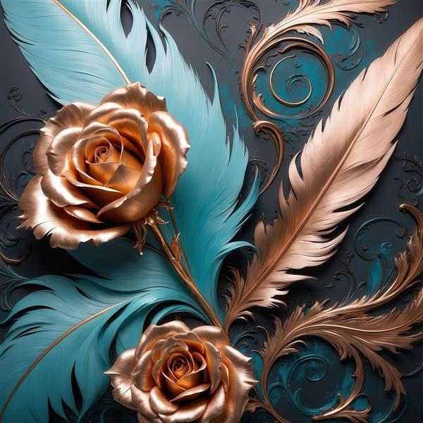 تصویر دو گل رز طلایی و پرهای فیروزه‌ای در زمینه تیره برای دکور منزل
