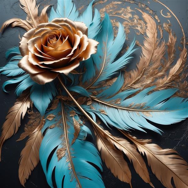 طرح گل رز طلایی و پرهای آبی و قهوه‌ای در پس‌زمینه تیره برای تابلو