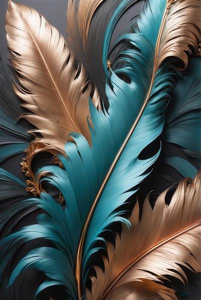 عکس پرهای طلایی و آبی فیروزه‌ای تیره و جذاب برای چاپ روی پرده یا روتختی