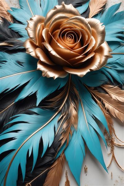 تصویر رز طلایی در مرکز و پرهای آبی و مشکی پیرامون آن برای چاپ عریض