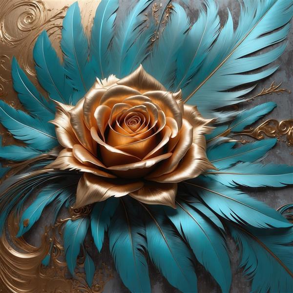 طرح رز طلایی براق با پرهای فیروزه‌ای درخشان برای تابلو دکوراتیو لاکچری