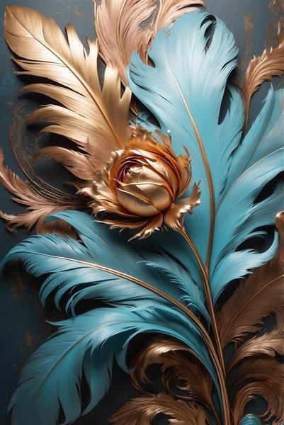 عکس غنچه رز طلایی و پرهای آبی و مسی در زمینه آبی تیره برای پوستر