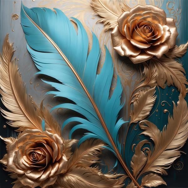 تصویر رزهای طلایی و پر آبی بزرگ در زمینه روشن برای چاپ تابلو مربعی