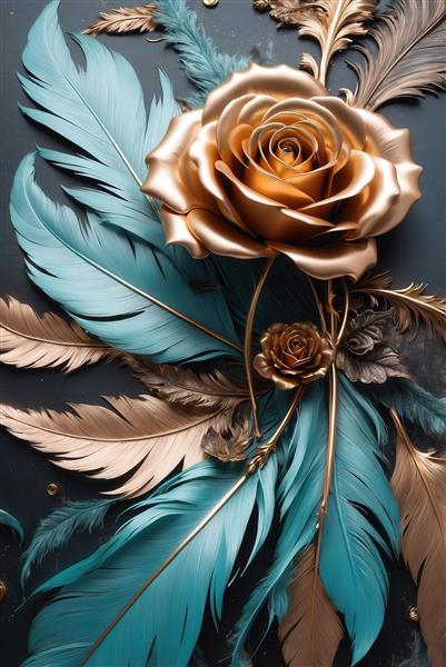 طرح رز طلایی درشت با پرهای آبی فیروزه‌ای و تزیینات برای چاپ روی ماگ