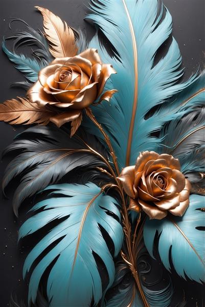 عکس دو گل رز طلایی با برگ‌های پهن آبی برای تابلو دکوراتیو نشیمن تیره