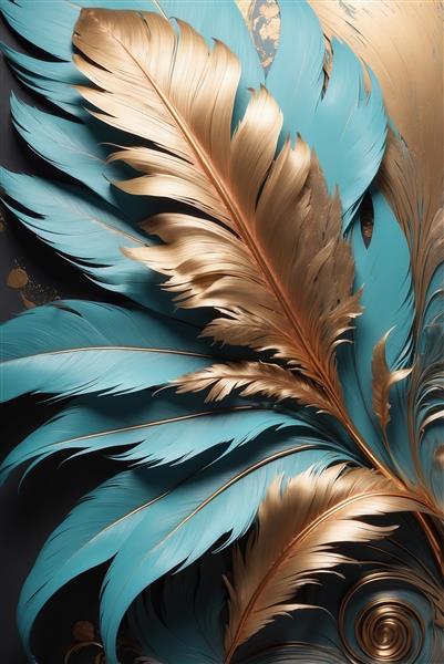 تصویر پس‌زمینه پرهای طلایی و فیروزه‌ای سه‌بعدی برای چاپ روی کاور کوسن