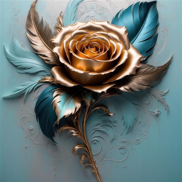 طرح گل رز طلایی برجسته با پرهای آبی و تزیینات برای پوستر اتاق خواب