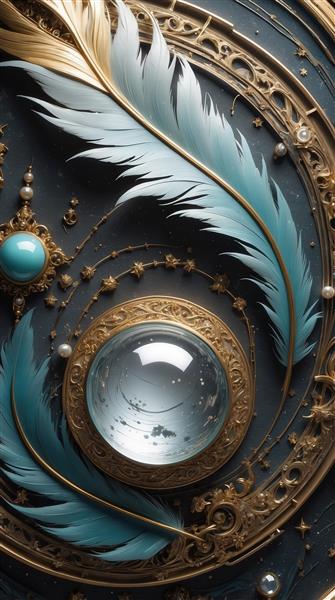 تصویر گوی شفاف و پرهای فیروزه‌ای و طلایی برای چاپ روی پرده و ماگ