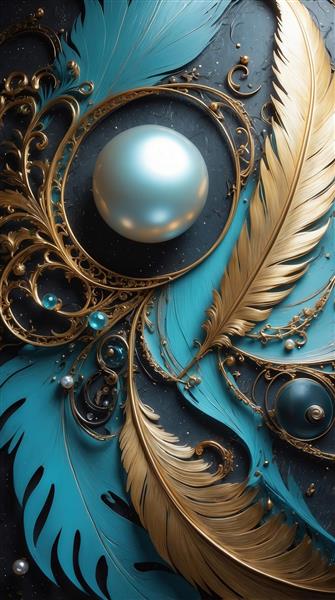طرح پرهای آبی و طلایی با مروارید سفید روی زمینه تیره برای چاپ روتختی